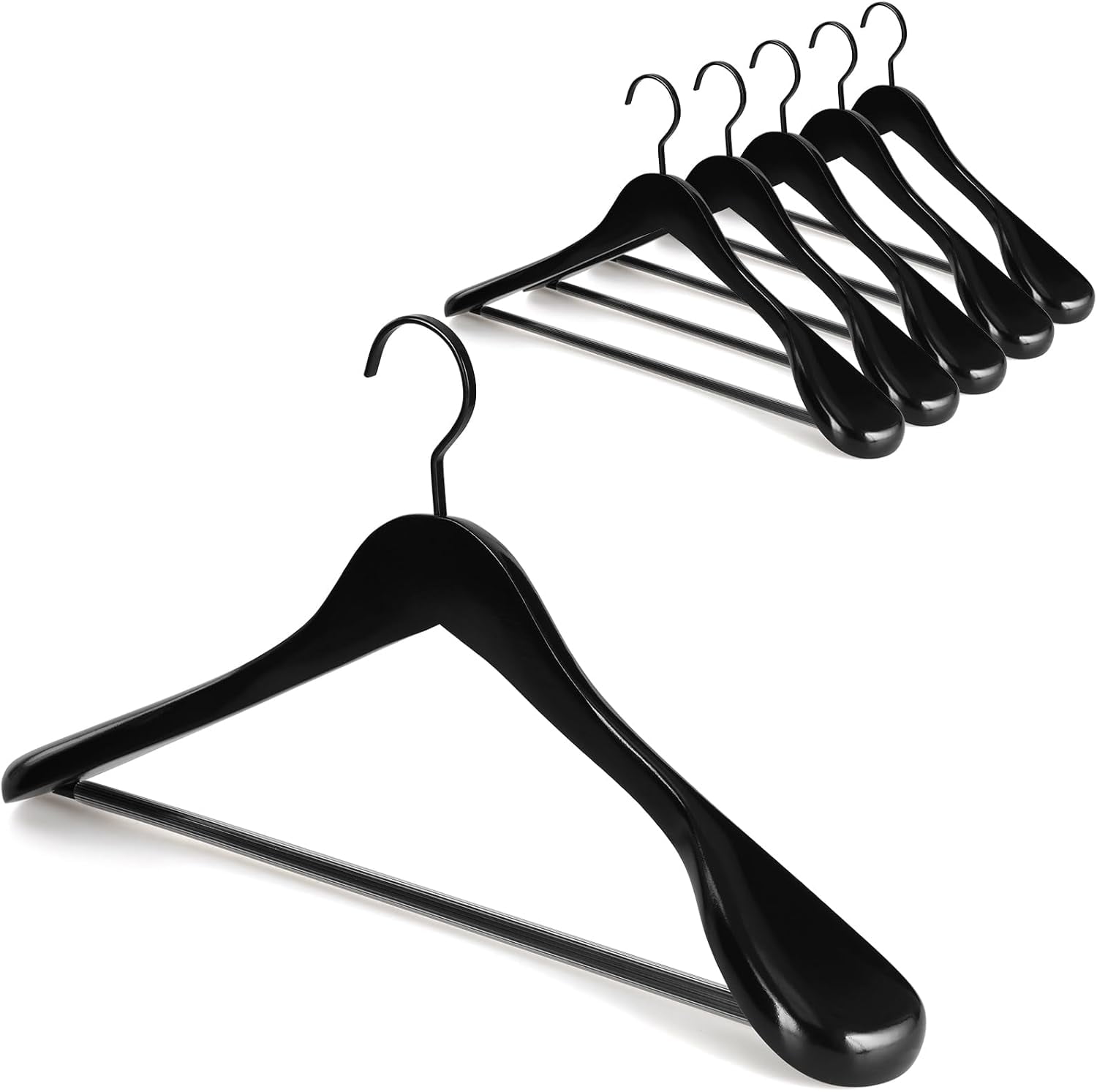 Black Wooden Coat Hanger 6 Pack, Wide Shoulder Wood Suit Hangers with Extra-Thick Flat Hooks & Anti-Slip Pants Bar, Heavy Duty Clothes Hangers,Glossy Finish, Black-CT02H