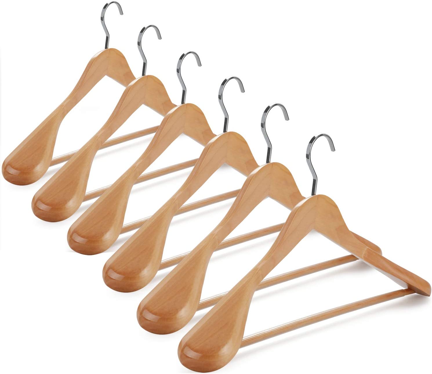 White Wooden Coat Hanger 6 Pack, Wood Suit Hangers,Glossy Finish with Extra-Wide Shoulder, Thicker White Hooks & Anti-Slip Bar,Suitable for Coat, Suit,Dress,Jacket,Heavy Cloth