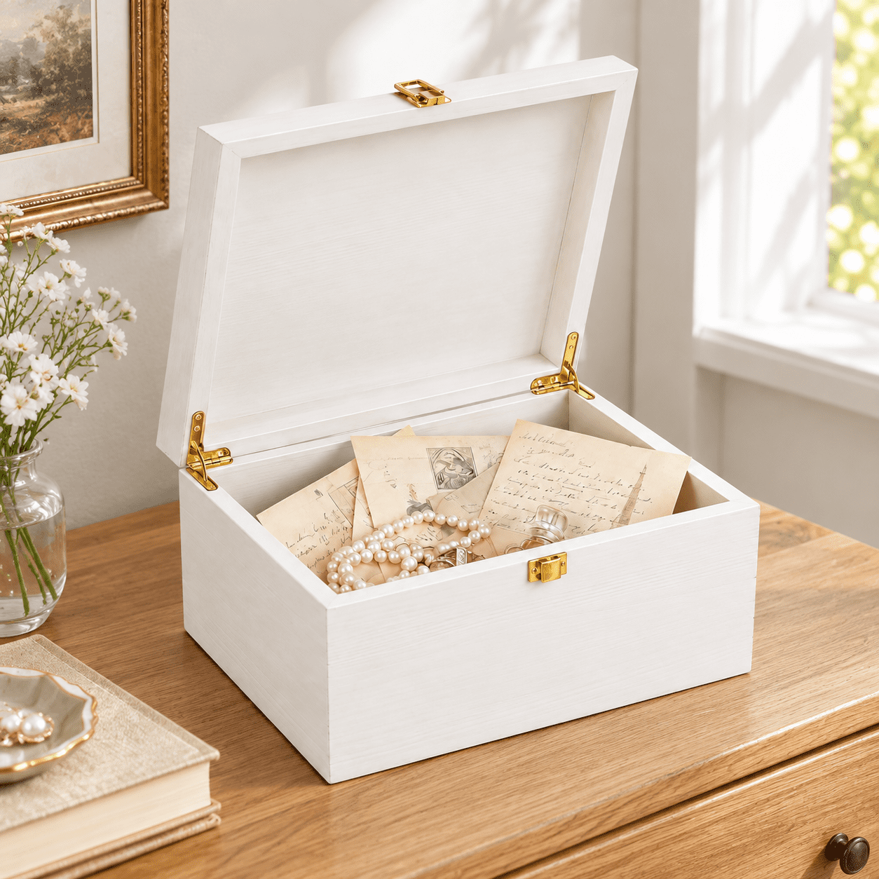White Wooden Decorative Keepsake Box With Hinged Lid For Storing ...