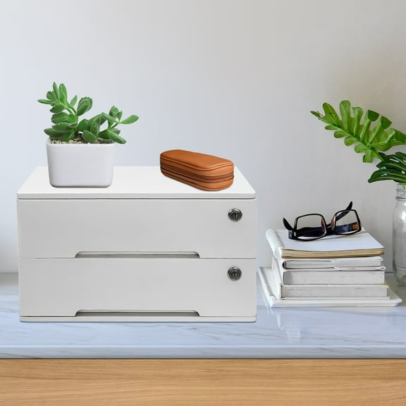 White Wooden Desktop Storage Box with Lockable Drawers, Office Supplies File Organizer, Flat File Cabinet