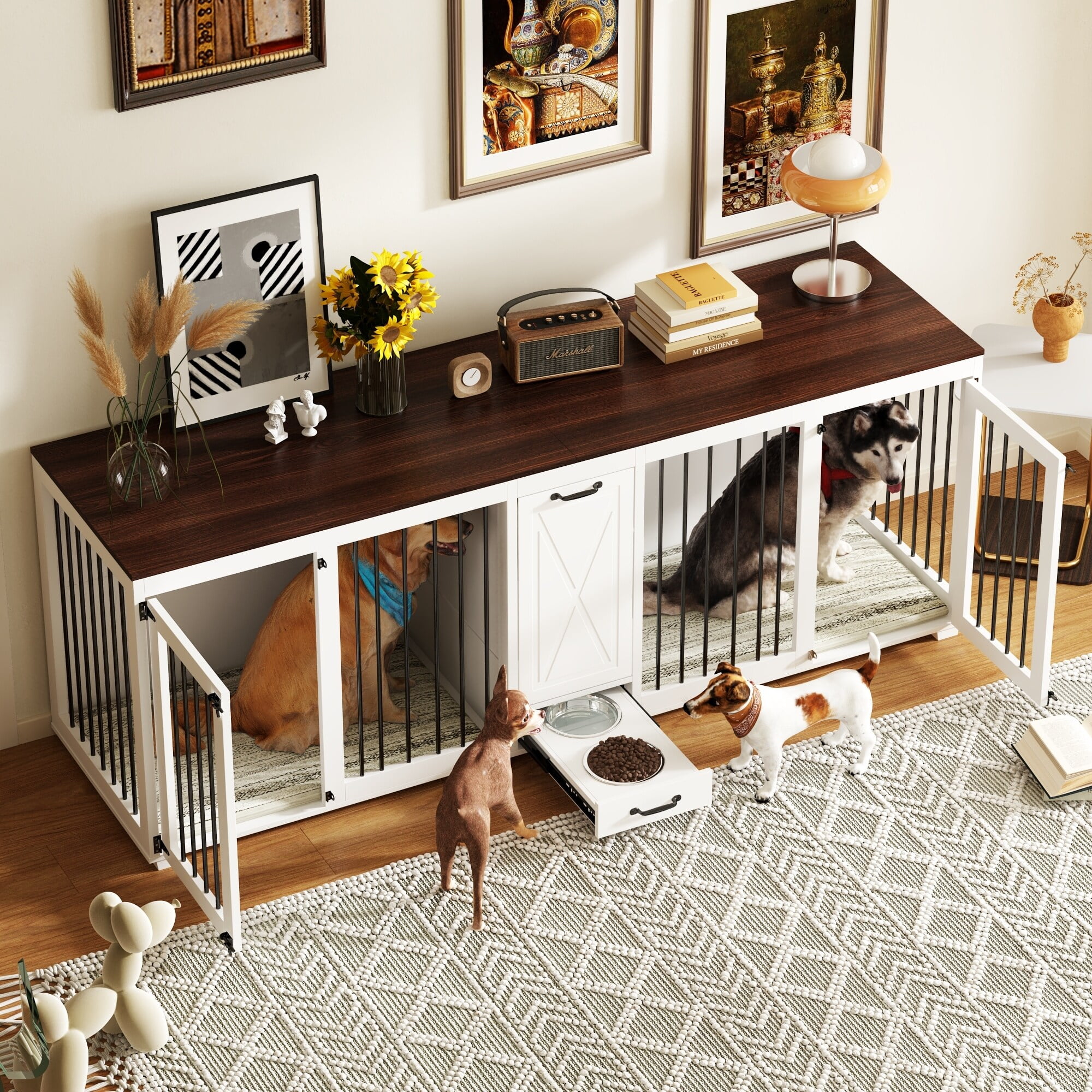 View of White Wooden Dog Crate with Pull-Out Bowl, Storage Cabinet - Walmart.com