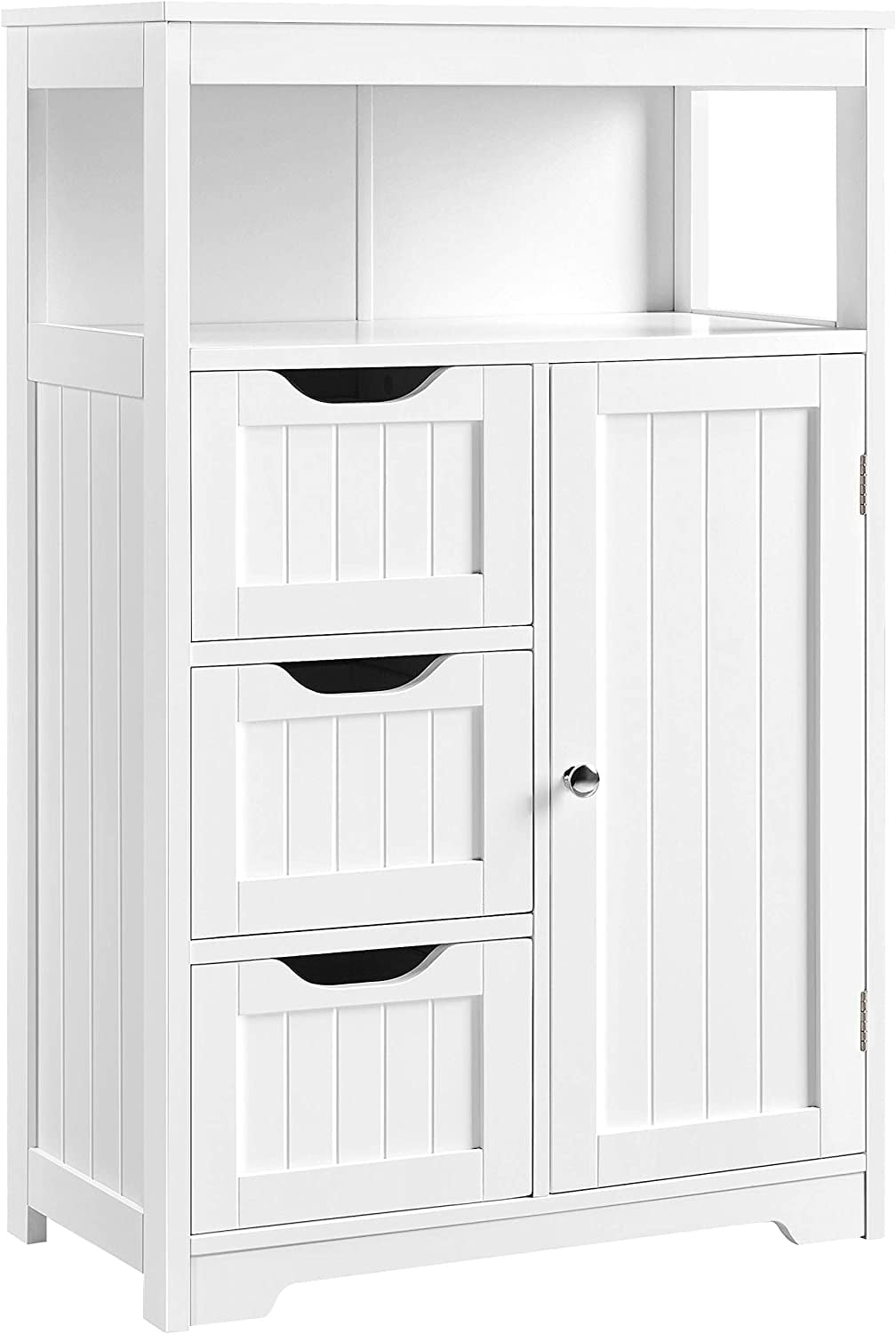 White Wooden Floor Cabinet: 1 Door, 3 Drawers, Free-Standing Organizer ...