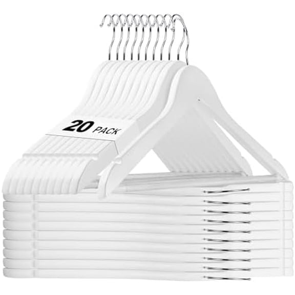 White Wooden Hangers 20 Pack, Solid Wood Hanger with Non Slip Pant Bar, Heavy Duty Wooden Coat Hanger for Closet, Smooth Finish Wood Clothes Hangers for Shirts, Suits Jackets, Dress
