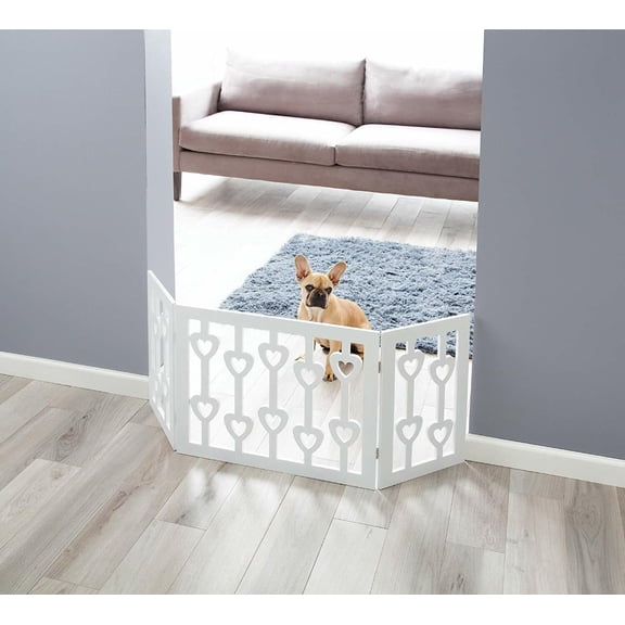 White Wooden Hearts Folding Pet Gate - Free Standing Indoor / Outdoor Dog Fence