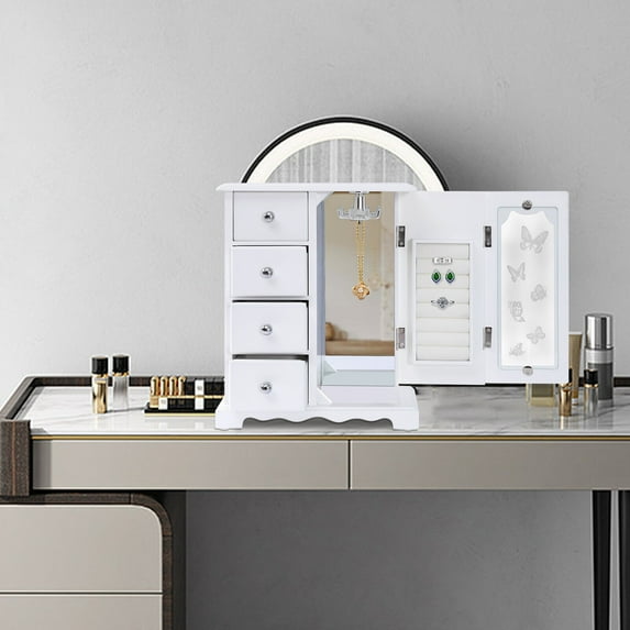 White Wooden Jewelry Box Organizer Case with 4 Drawers for Girls or Women