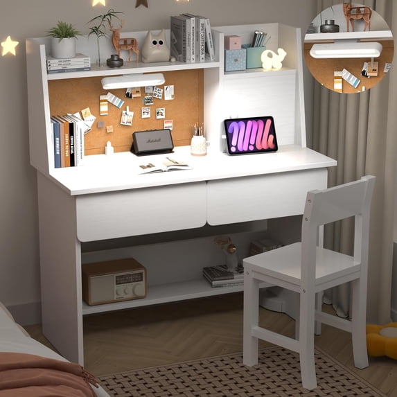 White Wooden Kids Study Desk and Chair Set, Childrens Desk with Light and Charging Station, 2 Drawers,Storage Cabinets and Shelves, Boys & Girls Study Desk for Bedroom and Kidsroom