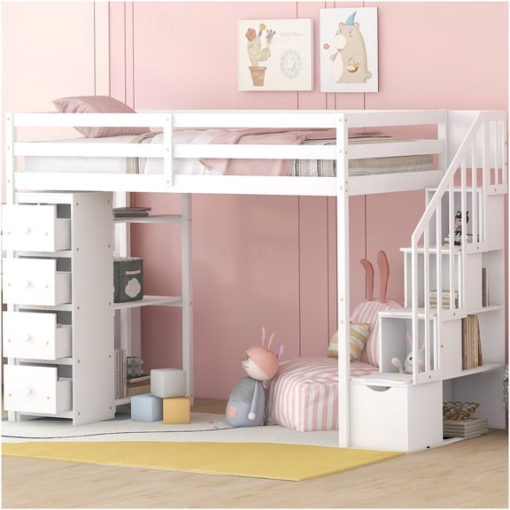 White Wooden Loft Bed with Storage Drawers and Stairs, Twin Size Elevated Bed Frame with Shelves and Study Space