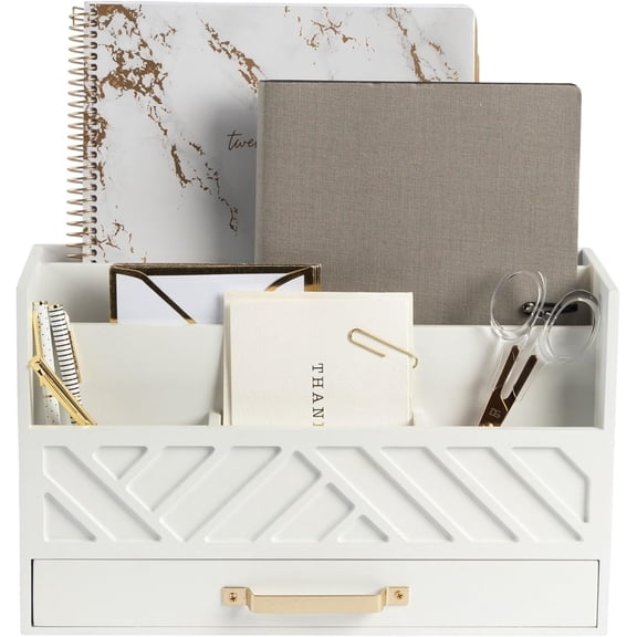White Wooden Mail Organizer with Drawer and Gold Handle  Desk Accessories for Office Organization and Storage  Home, Office, and Classroom Supplies