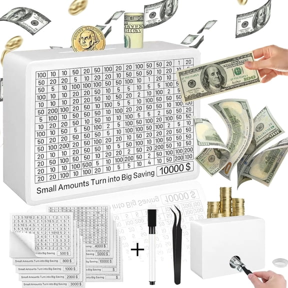 White Wooden Money Box with, Interactive for Kids & Adults, Unbreakable Piggy Bank to Track Progress Cash Vault Wooden Savings Box, Great Gift for Children