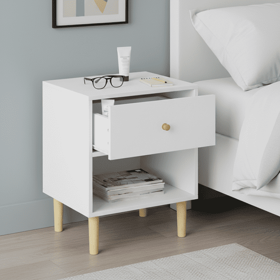 White Wooden Nightstand with Drawer & Shelf - Compact Bedside Table for Bedroom, 40 lbs Top Capacity, Easy Assembly