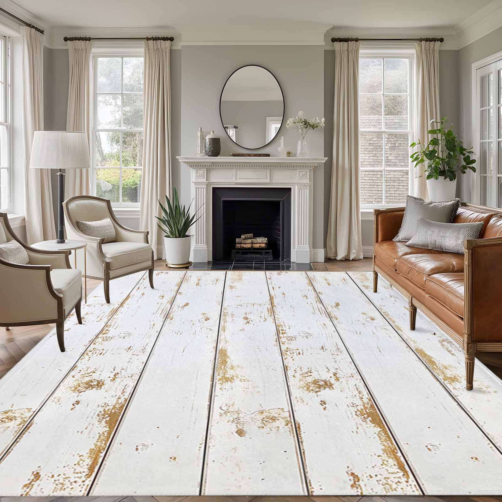 White Wooden Plank Area Rugs 6'x9', Washable Small Throw Rugs for Kitchen Dining room, Country Vintage Farmhouse Wood Grain Indoor Outdoor Rug Non-Slip Low Pile Carpet Runner Reversible Floor Mats