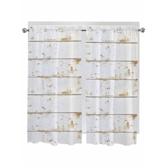 White Wooden Plank Bathroom Window Curtain, Country Vintage Farmhouse Wood Grain Light Filtering Coffee Kitchen Curtains, Bedroom Living Room Curtains 2 Panel 84"x63"