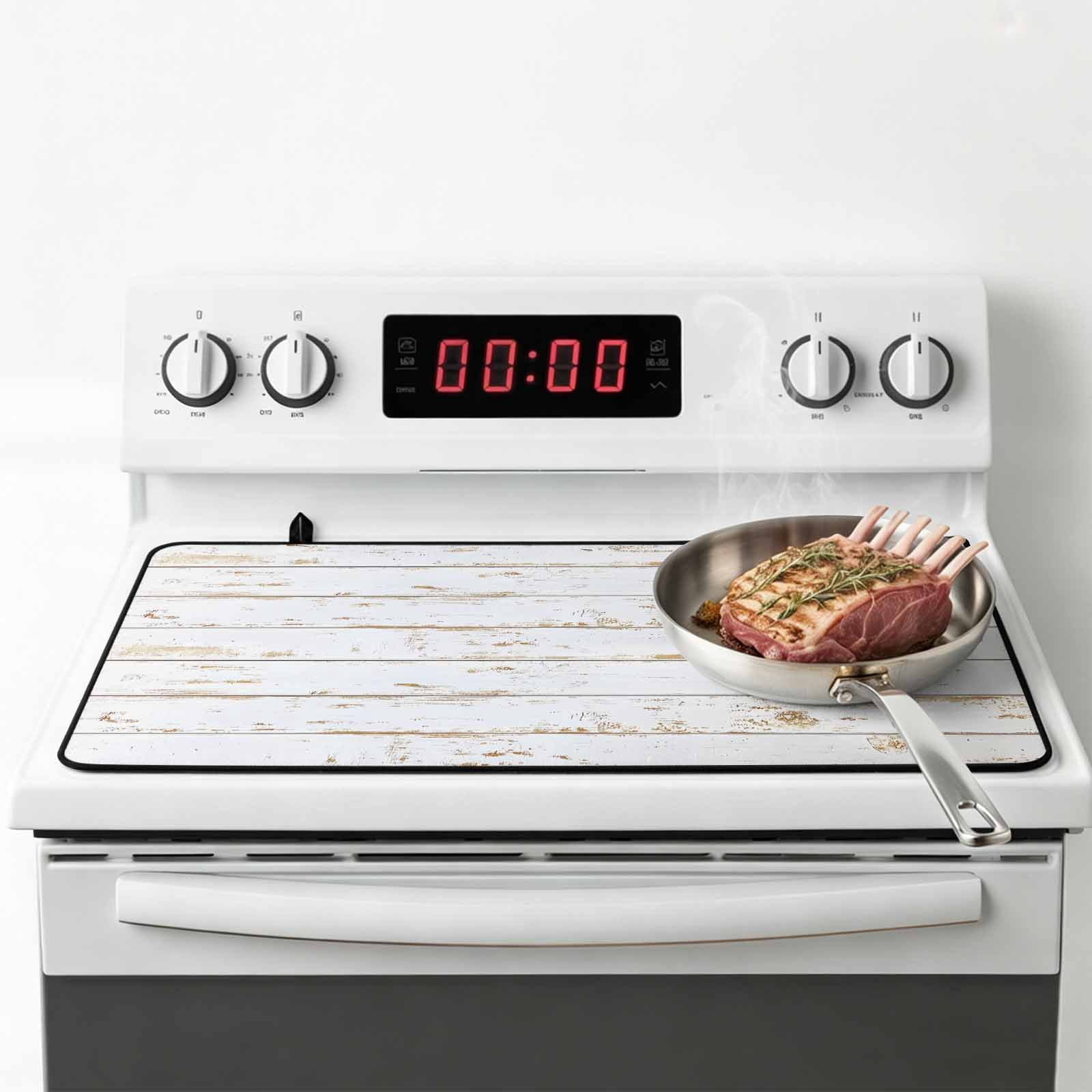 White Wooden Plank Stove Top Cover for Electric Stove, Heat-proof & Non Slip Glass Top Stove Cover Protector, Country Vintage Farmhouse Wood Grain Kitchen Flat Cooktop Rubber Mat 24x21 Inches