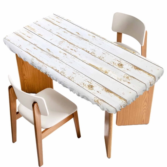 White Wooden Plank Table Cloths for 4 Foot Rectangle Tables, Country Vintage Farmhouse Wood Grain Patio Waterproof Elastic Fitted Tablecloths, Washable Rectangular Table Cover for Camping