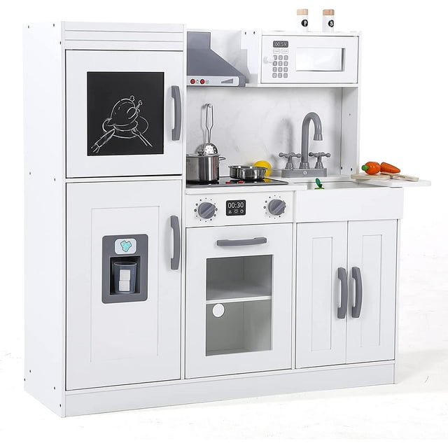 White Wooden Play Kitchen with Cookware Accessories, Microwave, Oven