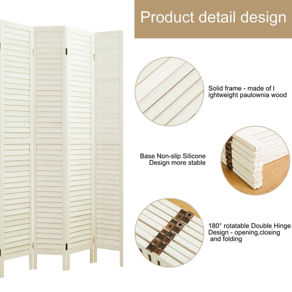 White Wooden Room Divider, 8 Panel Louver Screen for Privacy, Temporary Wall Partition with Double Hinges, Home Office Bedroom Hotel, 5.6 Ft Tall