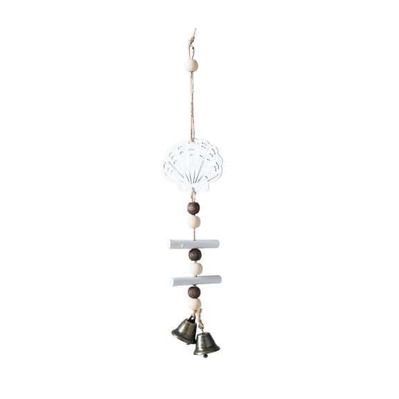 White Wooden Sailboat Wind Chime with Seashell Bells, Coastal Farmhouse Window Ornament for Bathroom Patio Relaxing Ambiance