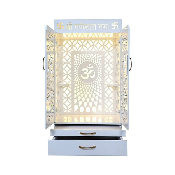 White Wooden Temple For Home With LED Lights / Designer Mandir With Doors And Cabinets / Pooja Mandir /Pooja Mandap/Pooja Ghar /Hindu Temple