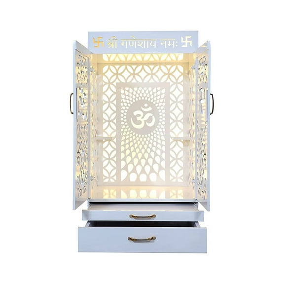 White Wooden Temple For Home With LED Lights / Designer Mandir With Doors And Cabinets / Pooja Mandir /Pooja Mandap/Pooja Ghar /Hindu Temple