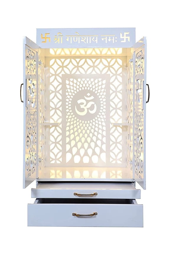 White Wooden Temple For Home With LED Lights / Designer Mandir With Doors And Cabinets / Pooja Mandir /Pooja Mandap/Pooja Ghar /Hindu Temple