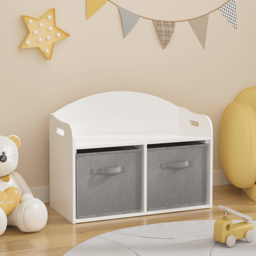 White Wooden Toy Box & Bench with Collapsible Fabric Drawers - Safety Rounded Edges Storage Organizer