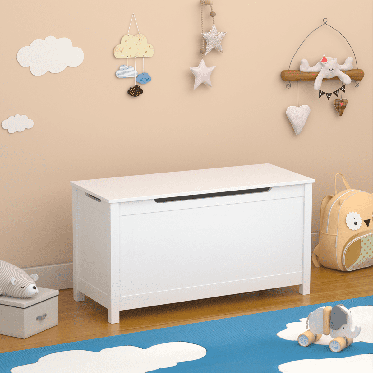 White Wooden Toy Box for Kids Ages 2+ – Safety Hinged Lid Toy Chest, 31.5”W Storage Organizer for Bedroom/Playroom