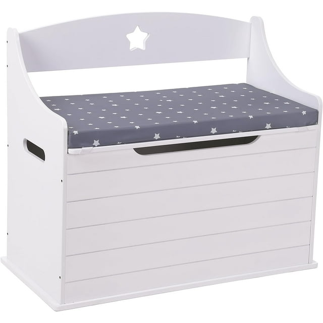 White Wooden Toy Box with Seating Bench, Kids Toy Chest with Safety