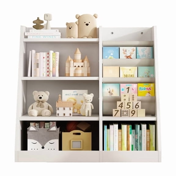 White Wooden Toy Storage Organizer Cabinet  Kids Bookshelf  Children Bookcase Toddler Baby Sling Book Rack Adjustable Shelf for Playroom Bedroom Nursery Hallway School Kindergarten Living Room