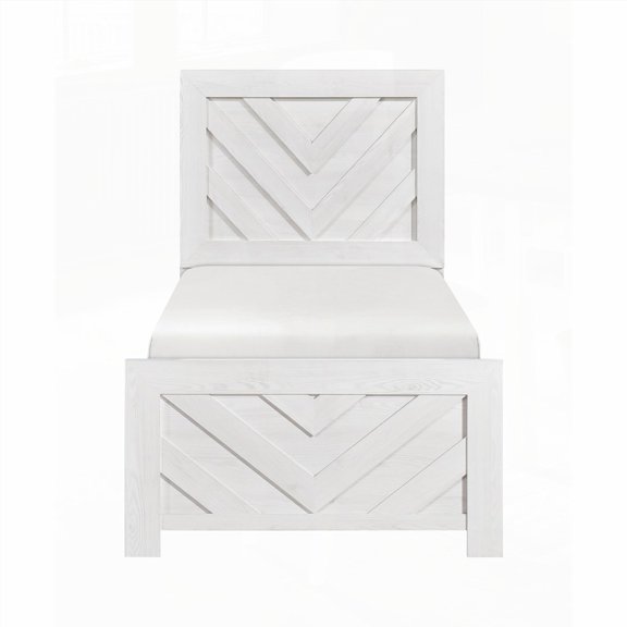 White Wooden Twin Size Panel Bed, V-Pattern on Headboard & Footboard, Boxed