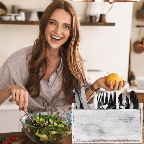 White Wooden Utensil Holder for Countertop with Removable Divider, Kitchen Utensil Organizer with 3 Compartments, Countertop Tool Storage Rack