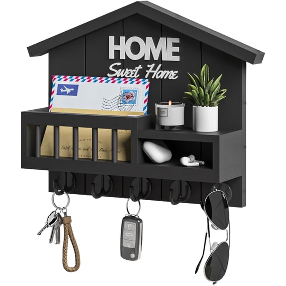 White Wooden Wall Key & Mail Holder - 5 Hooks Organizer with Shelf for Entryway Front Door