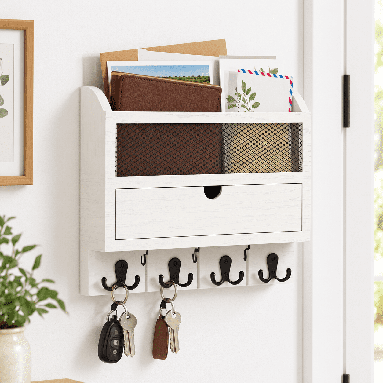 White Wooden Wall-Mounted Mail Organizer with Drawer and Key Hooks ...