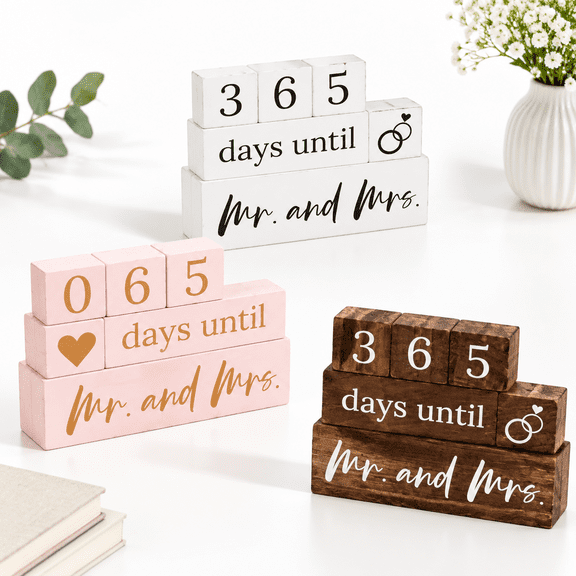 White Wooden Wedding Countdown Blocks, Mr And Mrs Bridal Shower Keepsake Calendar