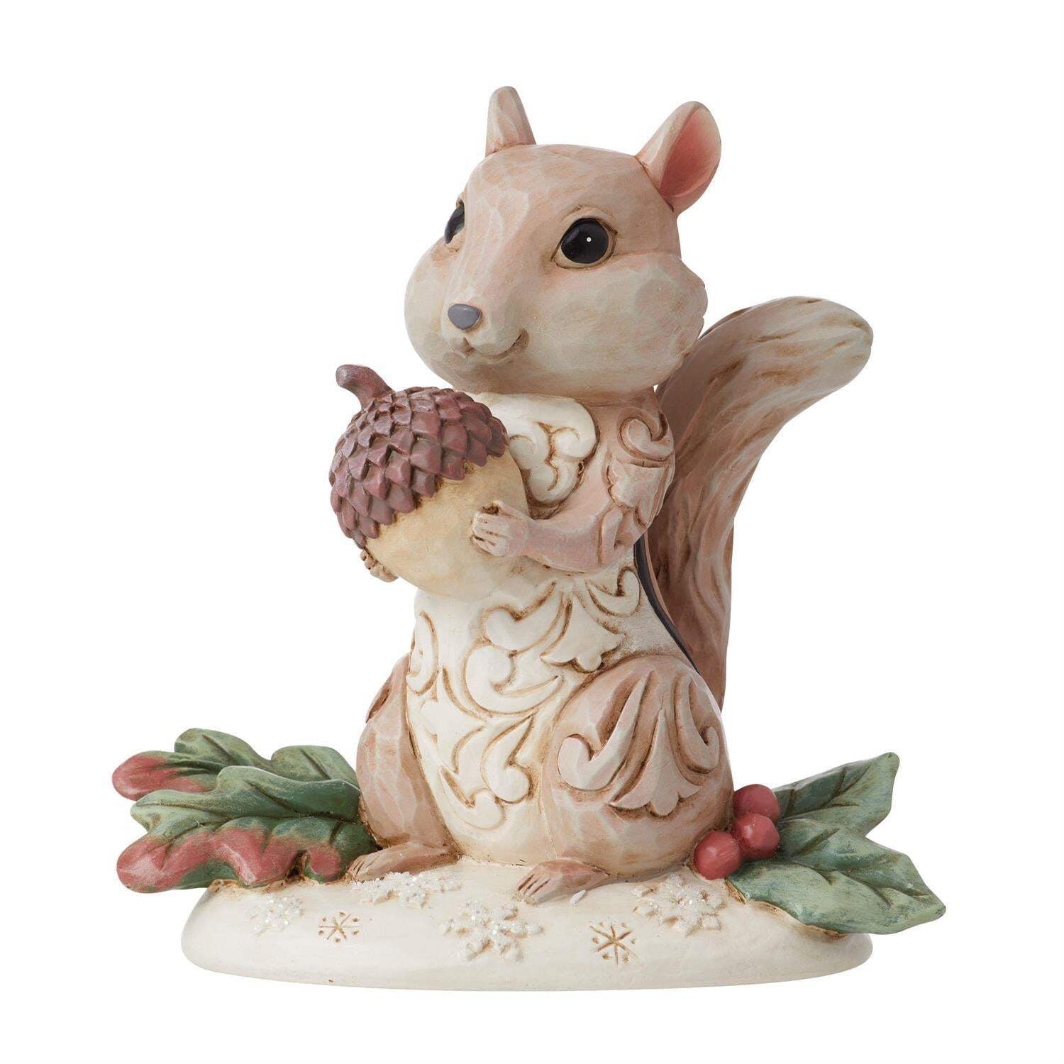 Winter Woodland Chipmunk Figurine Holding Acorn, Painted Resin