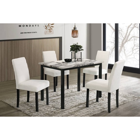 White Wool Fabric Upholstered 5pcs Modern Dinette Set Dining Table w Faux Marble 4x Side Chairs