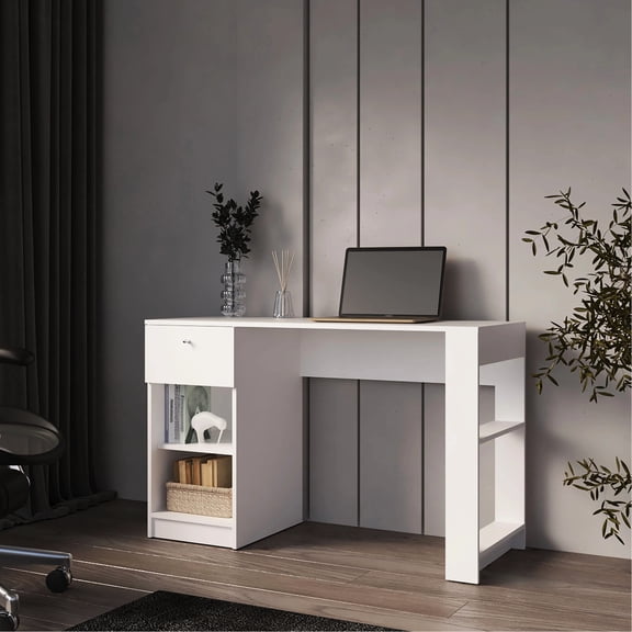 White Work Desk With Open Storage Organization And Compact Drawer Configuration