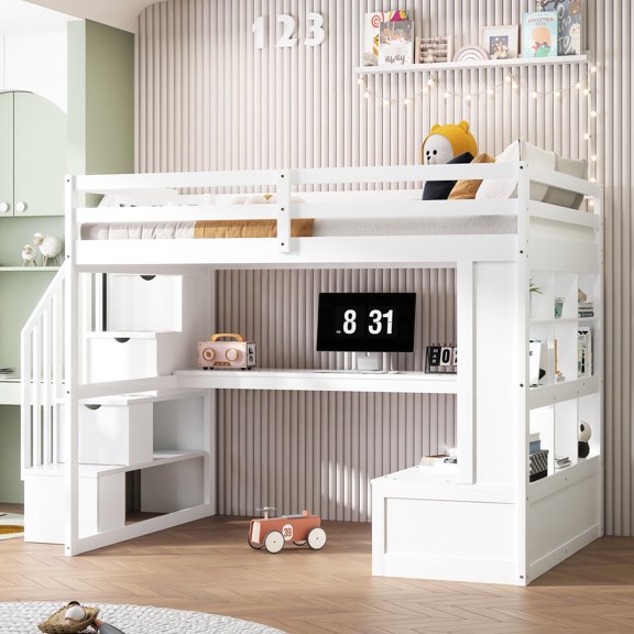 White - Workspace & Storage - Bedroom Decor - Sturdy Pine Loft Bed