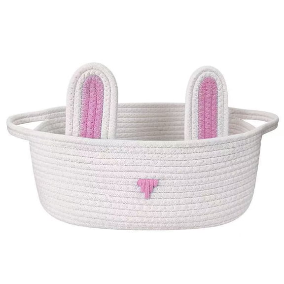 White Woven Easter Basket with Pink Bunny Ears - Oval Cotton Rope Storage Basket (12.2" H x 8.26" W) for Easter Egg Hunts, Home Decor, and Nursery Organization