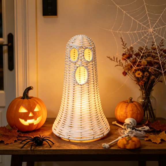 White Woven Ghost Halloween Mantel Decor, Handmade Rattan Ghost Figurine with Hollow Eyes for Tabletop Display, Classic Decorative Luminary for Home Shelf and Side Table Accent