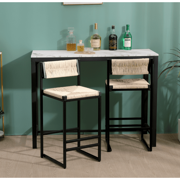 White Woven Paper Rope Bar Stools Set of 2 with Footrest