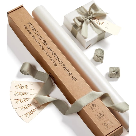 White Wrapping Paper Set Pearly-Lustre With Silk Like Satin Ribbon & Gift Tags Recyclable Gift Wrapping Handmade Crafts