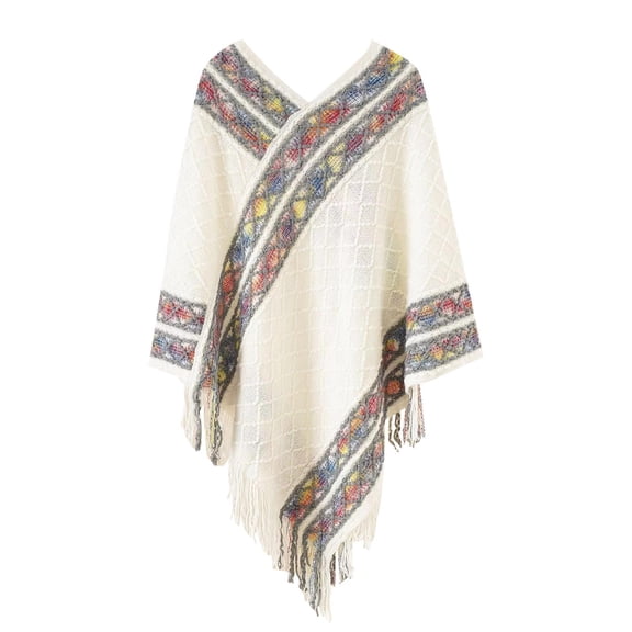 White Wraps Women's Vintage Exotic Winter Warm Pullover Tassel Shawl On Various Occasions