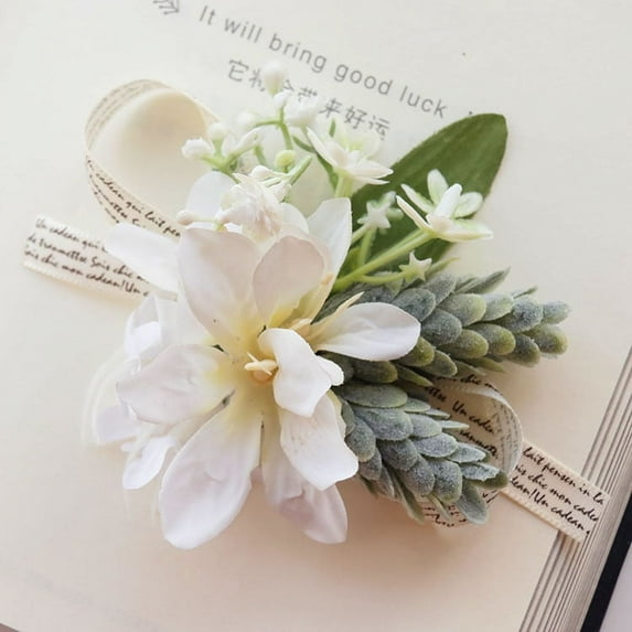 White Wrist Corsage and Boutonniere Set, Artificial Flowers with Bracelet and Boutonniere Pin for Wedding Prom, Homecoming (Style 1)