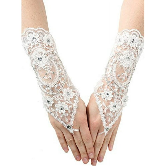 White Wrist Length Fingerless Gloves Lace & Satin Tie Tape White CC GL-03