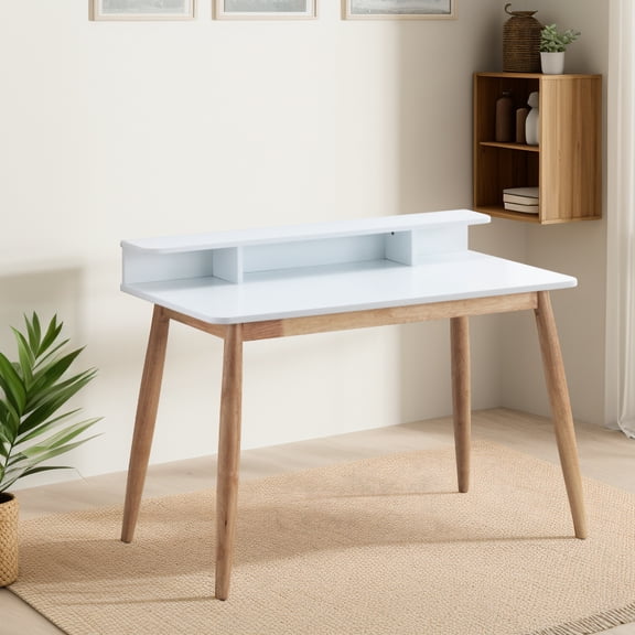 White Writing Desk With - Mid-century Modern Flair & Natural Finish Rubber Wood 43" X 23.6" 34.4 , Robust Top Solid Legs In 3 Shelves For Display 43"w 23.6"d 34.4"h