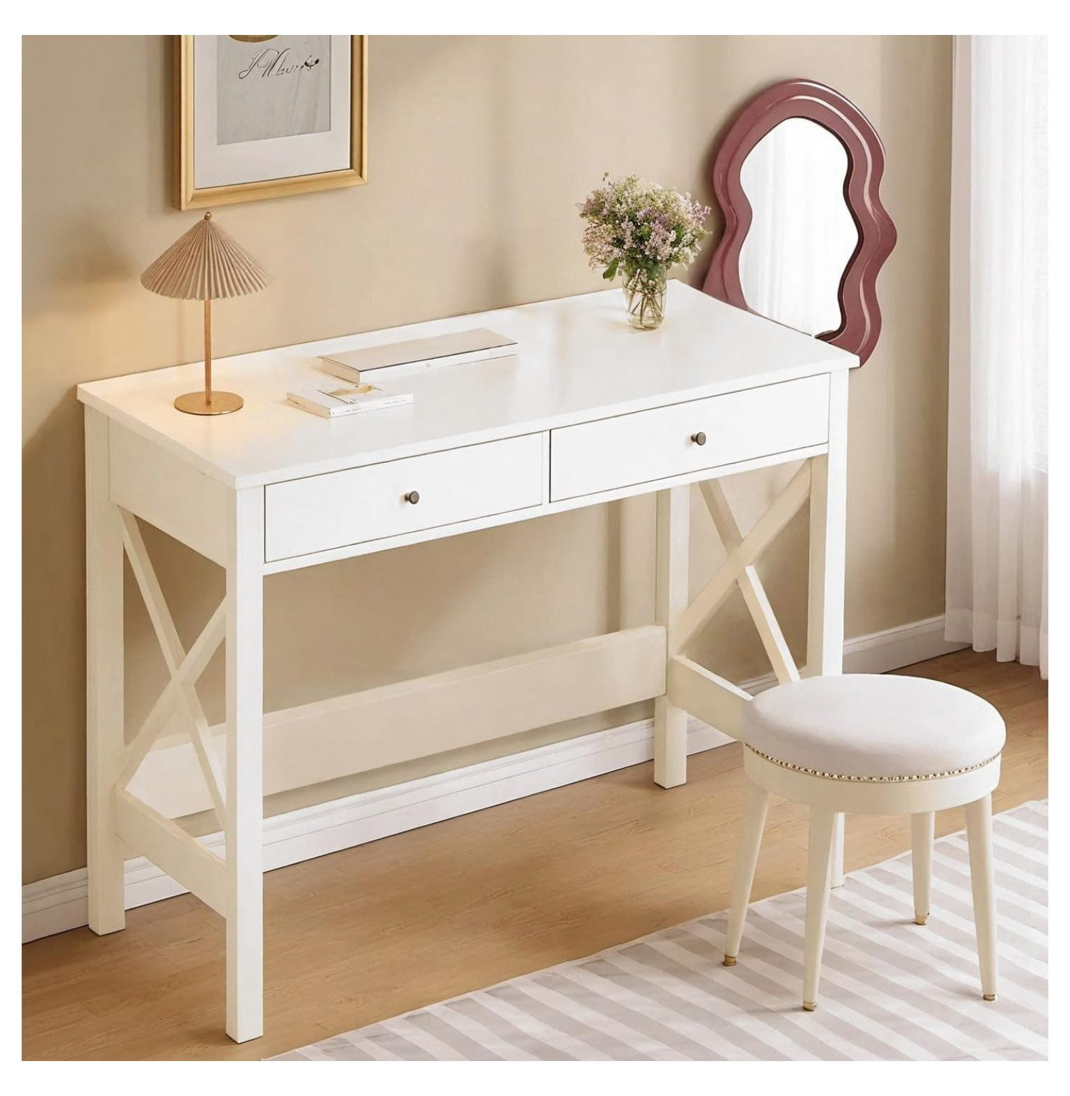 White Writing Desk with Drawers for Study Home Office 40 inch Simple Desks for Bedroom Modern ...