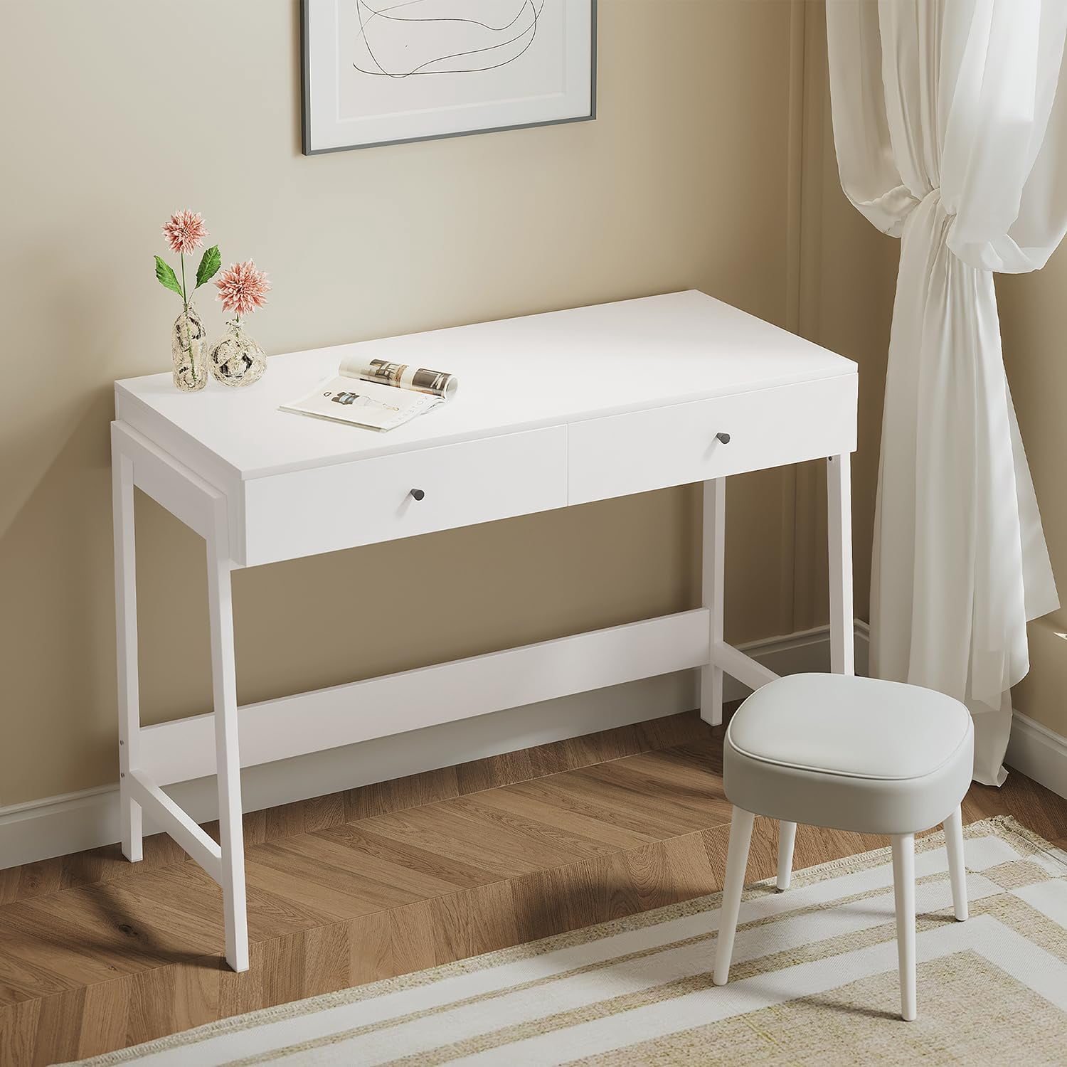 White Writing Desk with Drawers for Study Home Office 43 inch Simple Desks for Bedroom Modern ...