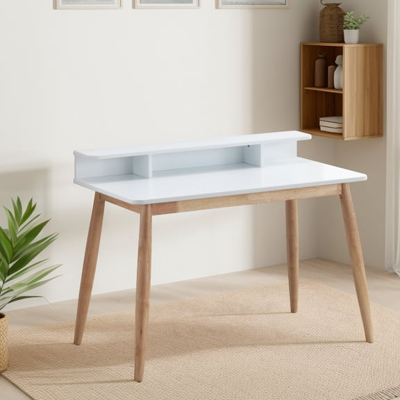White Writing Desk with Hutch, Mid - Century Style / Angled Legs for Uniqueness
