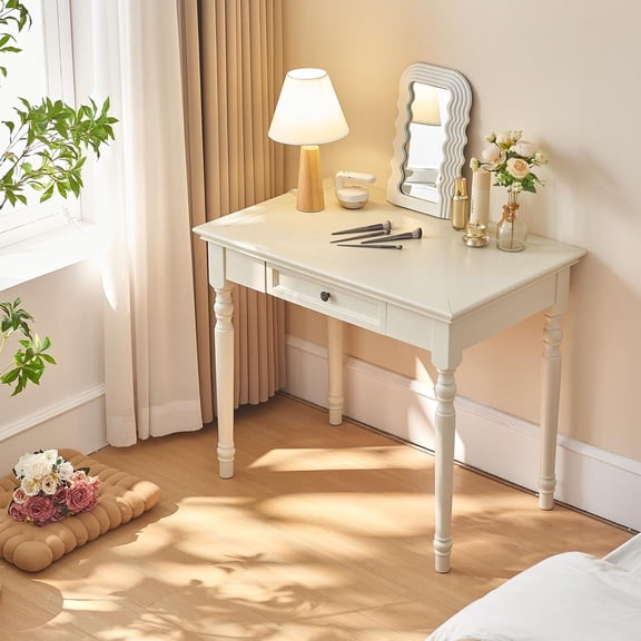 White Writing Desks with Drawers, 35" Solid Wood French Country Style Computer Desk for Home Office, Living Room Study or Workspace