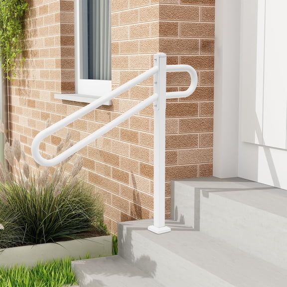 White Wrought Iron Outdoor Single Post Stair Handrail, 45 Slope Tube Railing with Anti-Slip Design, Wall & Floor Mount Support for 1-3 Steps, Porch, Entrance, Garage, Park